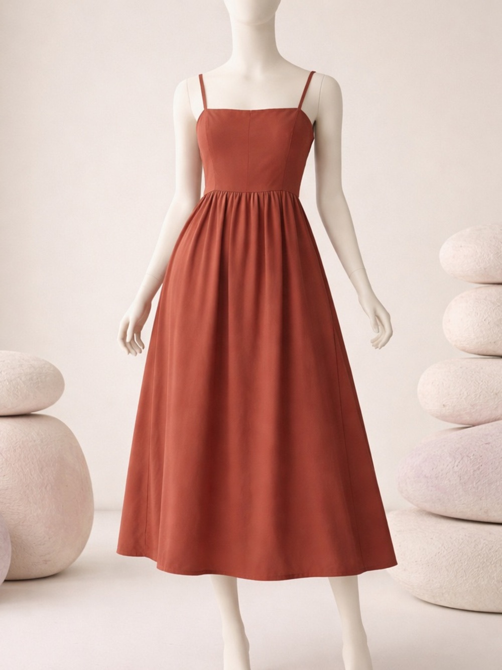 Women’s Lightweight Spaghetti Strap A-Line Midi Dress Brown Size S